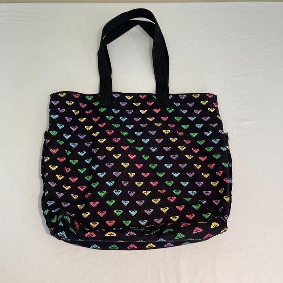 Roxy Bag Blue Green Yellow Pink Hearts Black Tote Bag Canvas - Picture 3 of 5